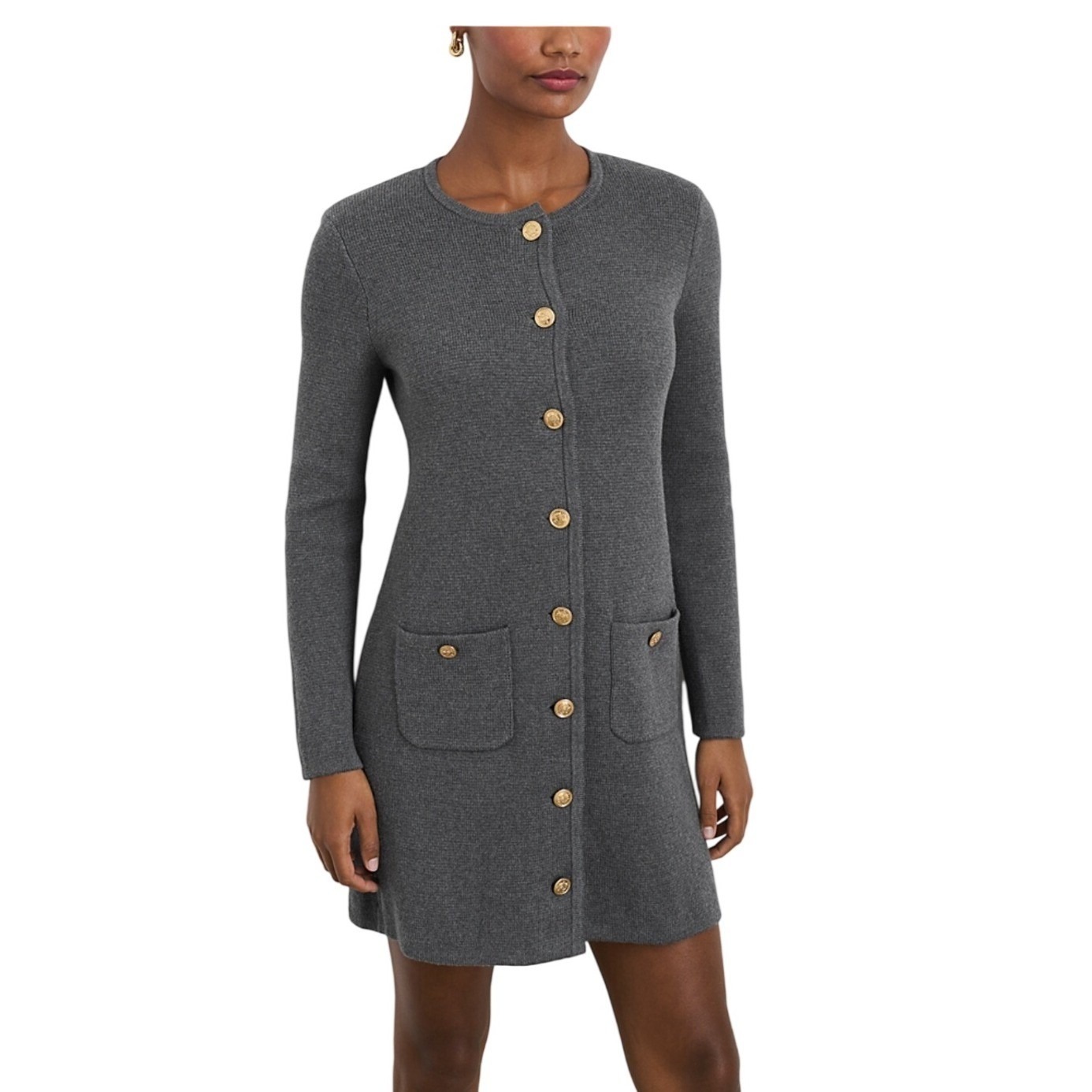 Alex Mill Knit Button Front Cardigan Dress Grey Gold Button Pockets Size M